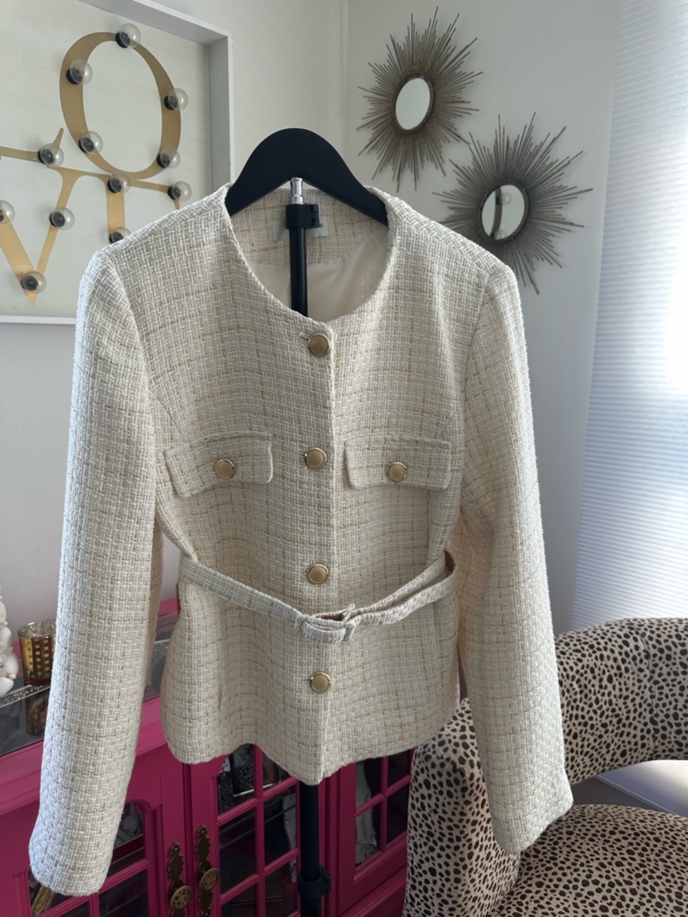 Zara Cream Tweed Belted Blazer with Gold Buttons